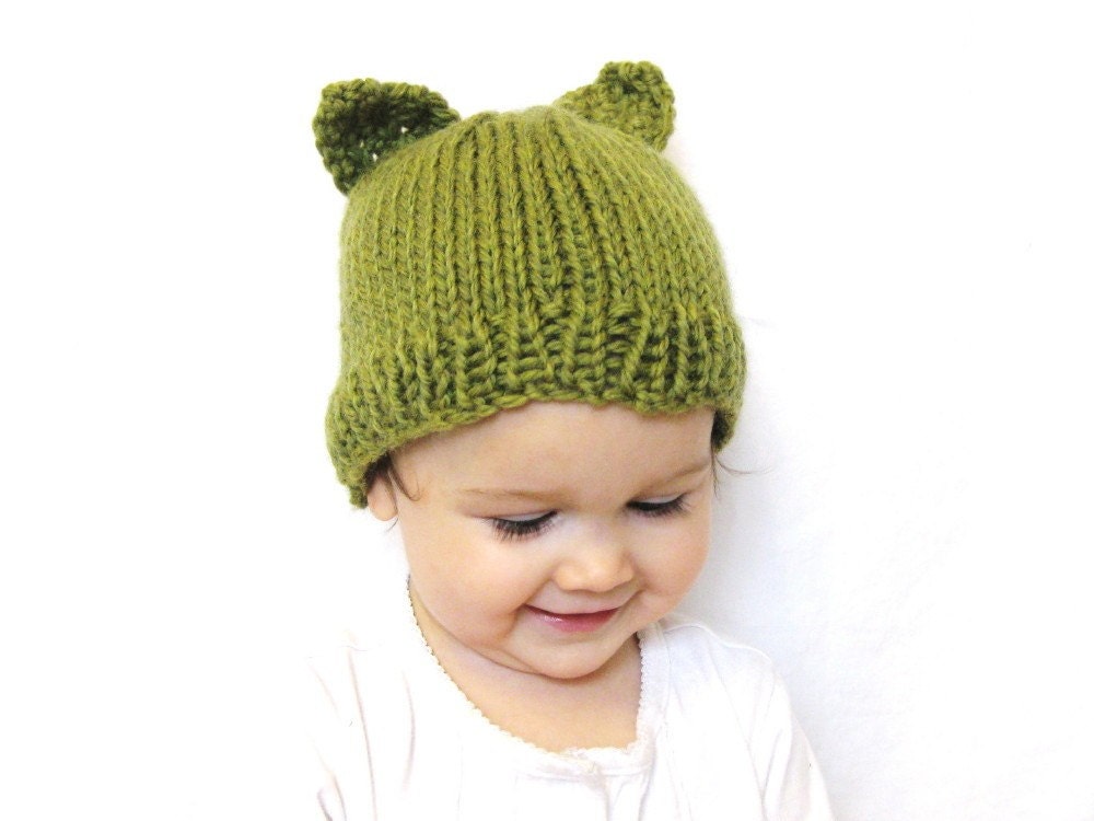 knit hat and photo prop for kids - itty bitty kitty, fern green, toddler size 18 months - 4T, all natural, soft wool, ready to ship - BaruchsLullaby