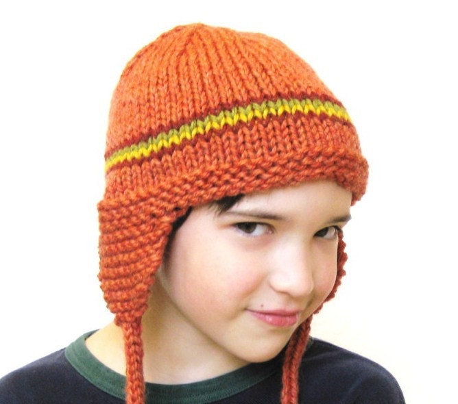 kids earflap hat, knit, size 5T children to small adult, papaya with stripes all natural fibers, soft, machine washable wool - ready to ship