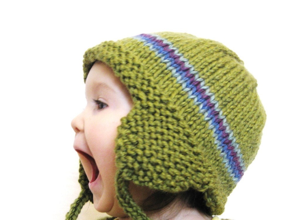 knit toddler earflap hat and photo prop, size 9 to 18 months, fern green with stripes, matching mittens available