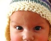 baby earflap hat, knit white with cobalt blue, aqua, deep plum, and amethyst stripes, size 3 to 9 months, matching mittens available