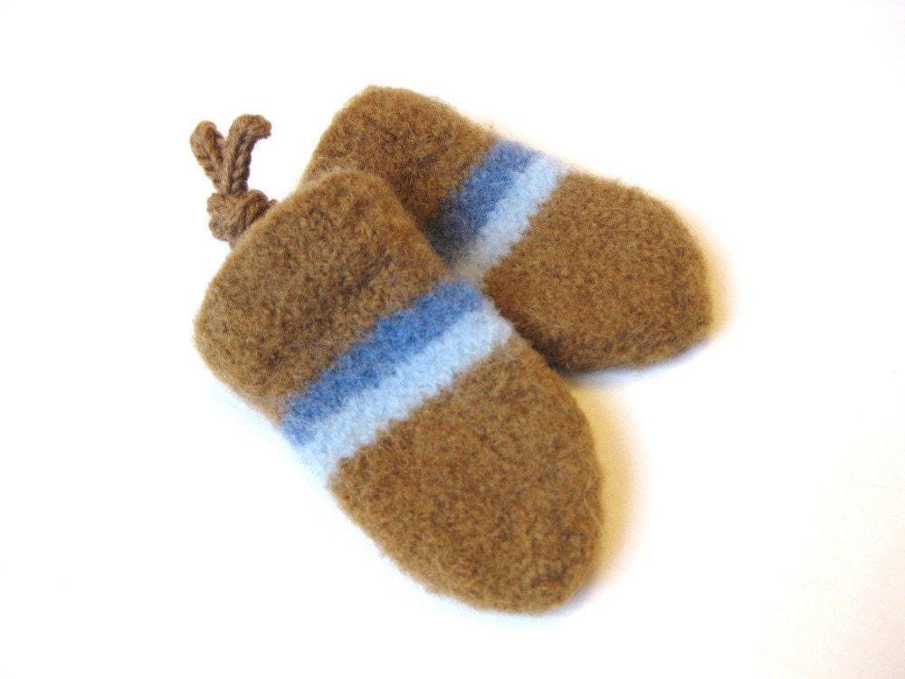 baby mittens with cuff and tie, knit and felted - caramel brown with blue stripes, size 0 to 12 months, all natural fibers, ready to ship