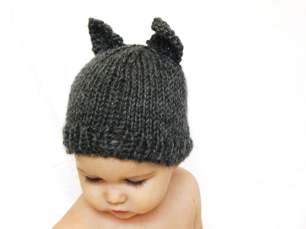 knit cat baby hat photo prop - itty bitty kitty in charcoal grey, size 3 to 9 months, ready to ship