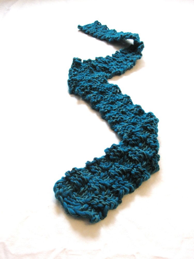 unisex knit scarf for women, men, or children - deep teal and peacock blue, basketweave texture, soft, all natural fibers, ready to ship