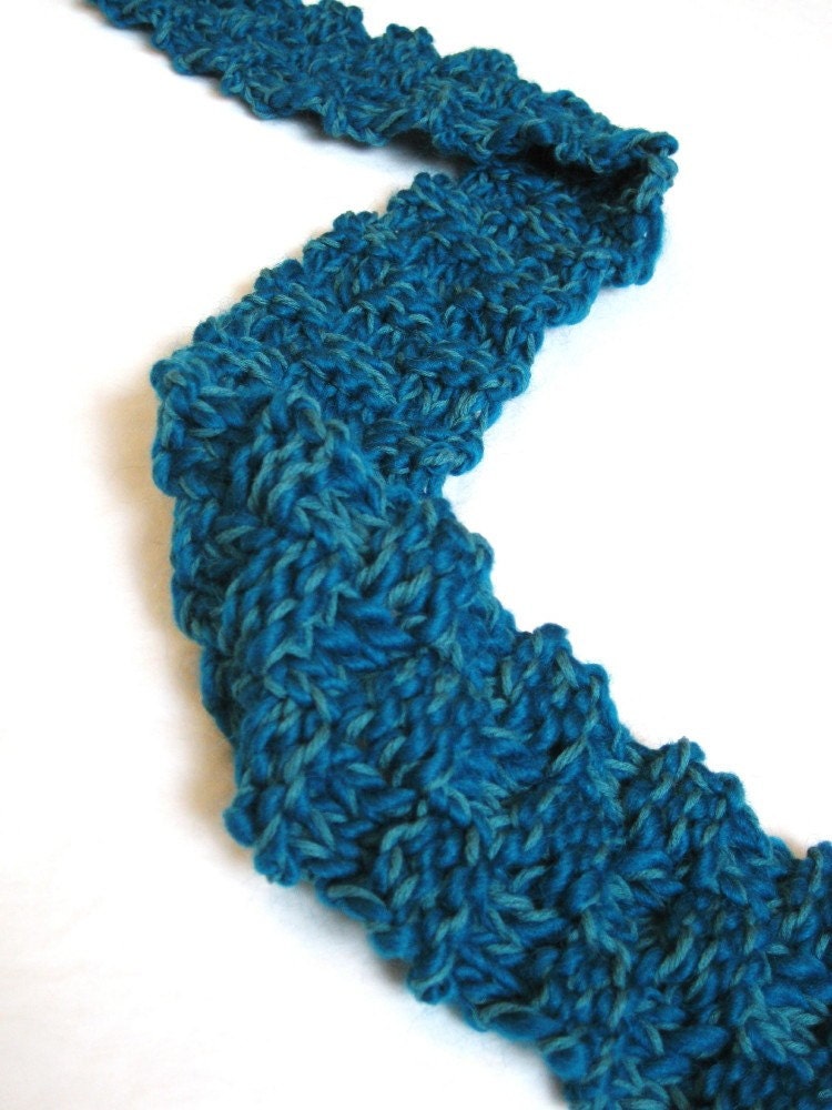 unisex knit scarf for women, men, or children - deep teal and peacock blue, basketweave texture, soft, all natural fibers, ready to ship