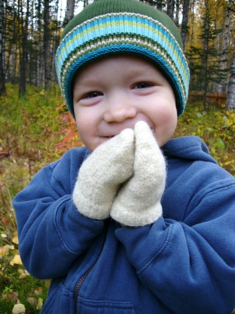 felted knit baby or toddler mittens with cuff and tie - cream, size 12-36 months, ready to ship