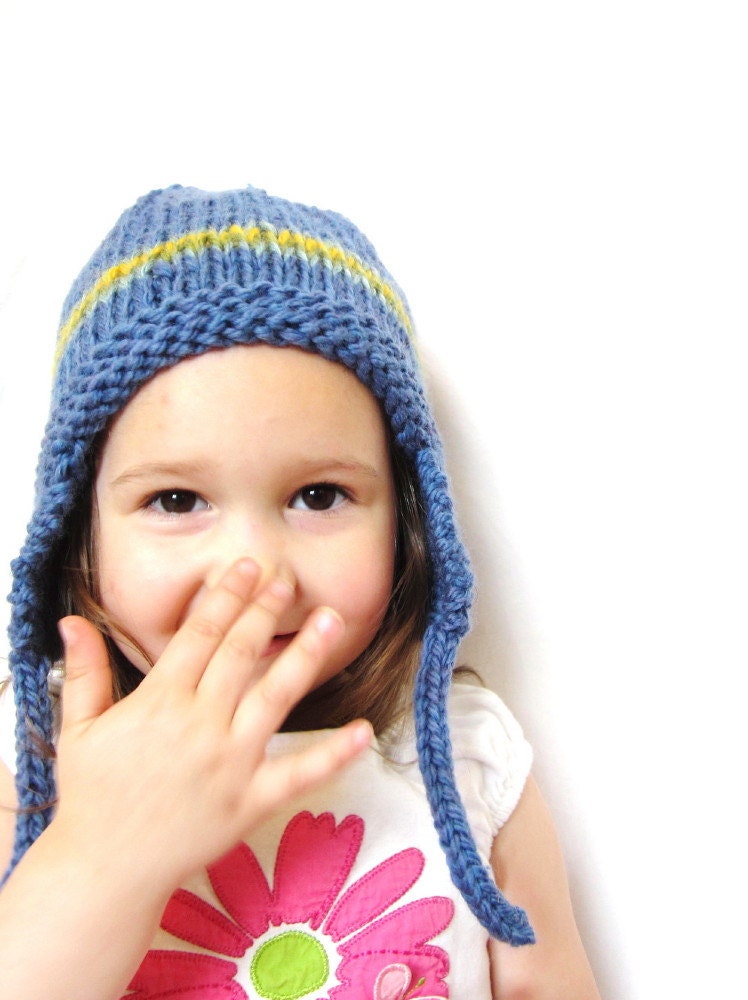 kids earflap hat, knit photography prop, toddler 18 months to 4T, cobalt blue with stripes, soft natural fibers ready to ship made in Alaska