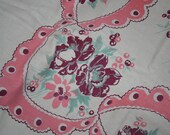 Vintage Pink and Plum Frilly Floral Print 1940s Tablecloth LARGE