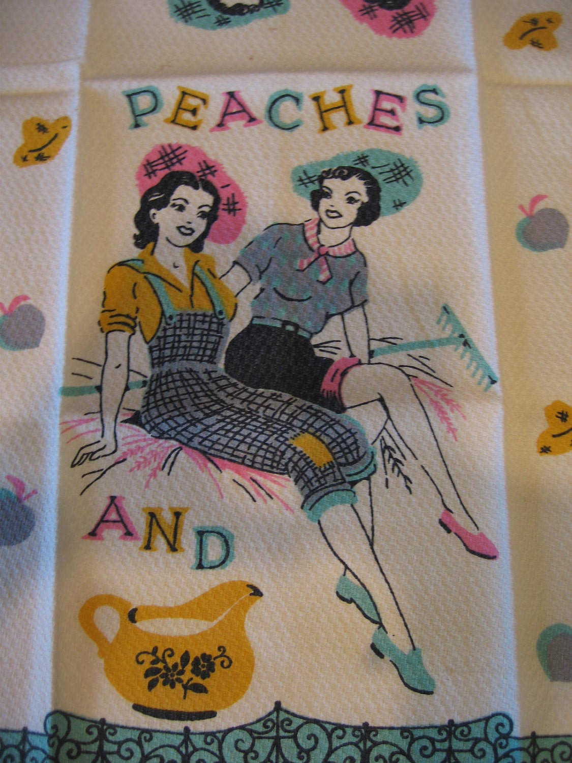 RESERVED Vintage Peaches and Cream Farm Girls Tea Kitchen Towel RESERVED