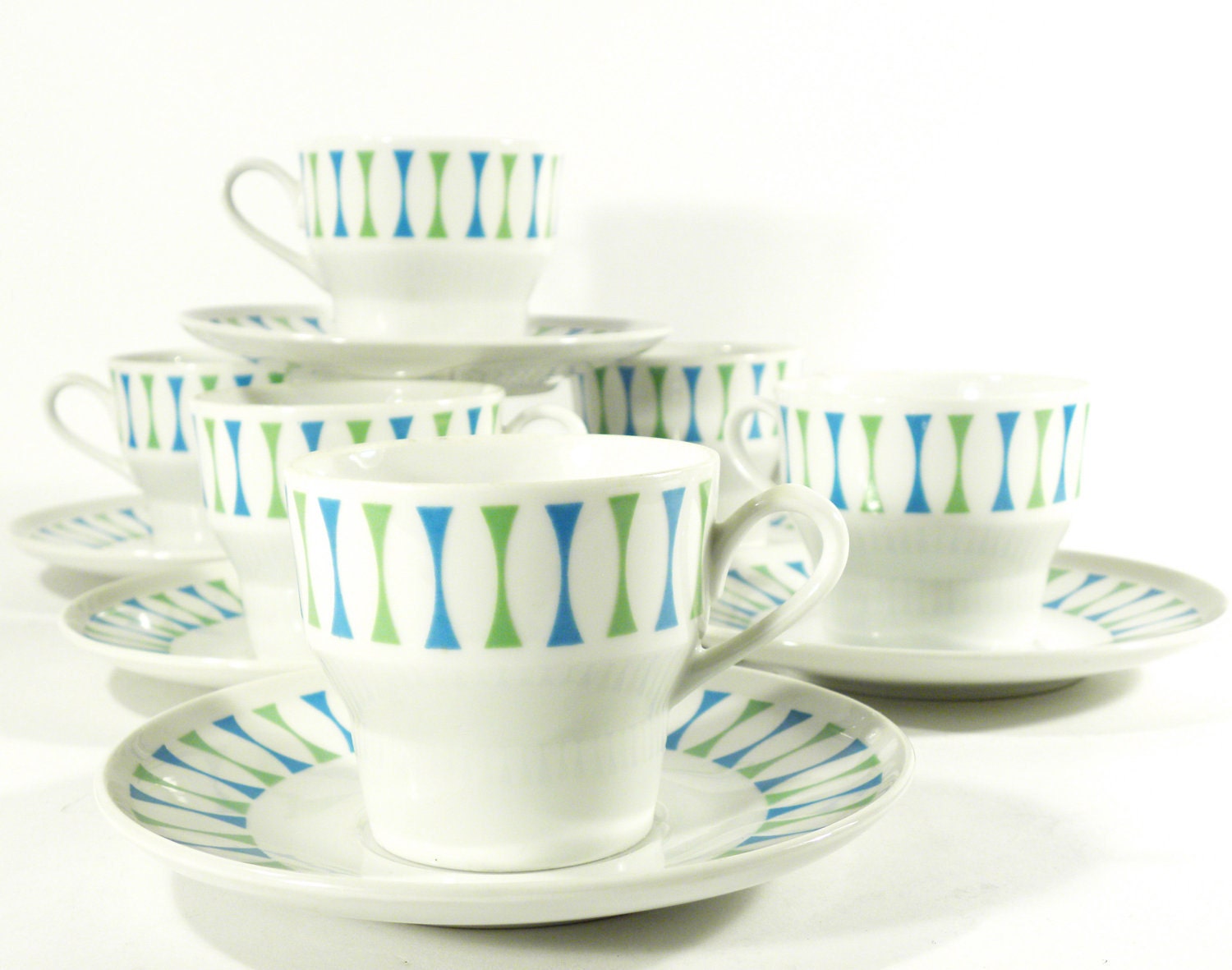 vintage atomic Paul McCobb Eclipse teacups and saucers set . 6 mugs and saucers . Contempri aqua and lime green design . mid century modern - jetsetvintage