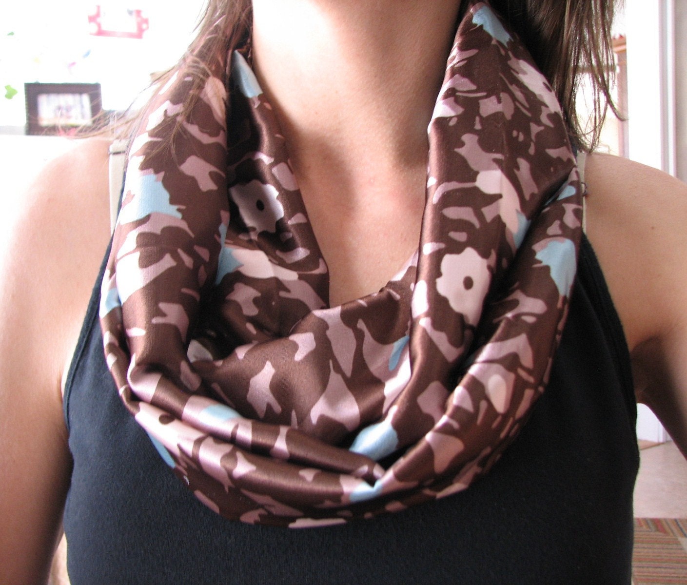 SCARF - Infinity Scarves - Taupe and Blue - Floral