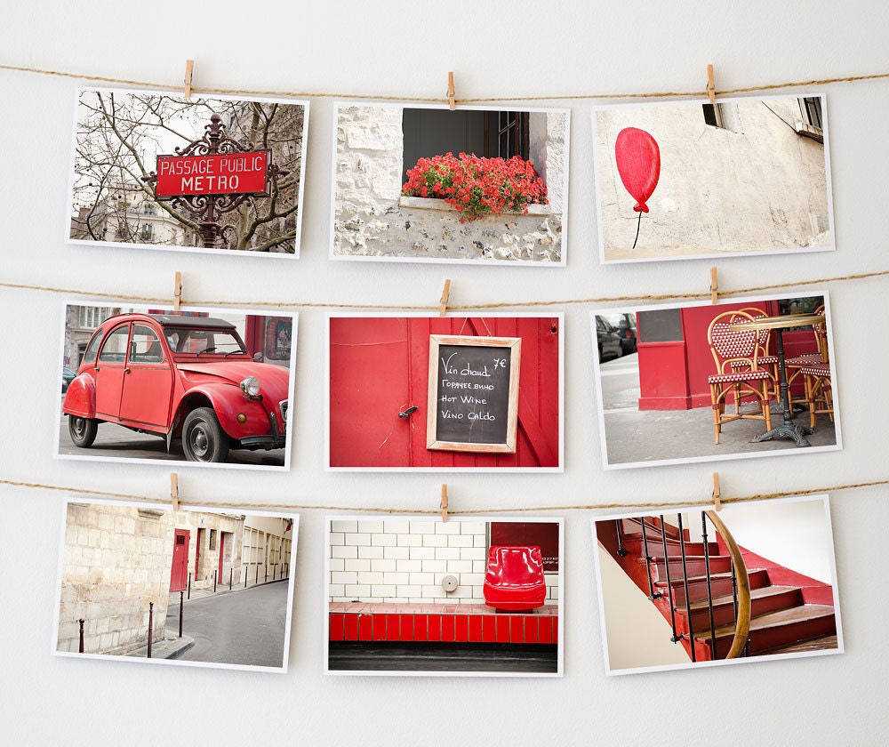 Paris Postcard Set, Framable Photo Cards, Red, Paris Photography, 4x6 Art Prints