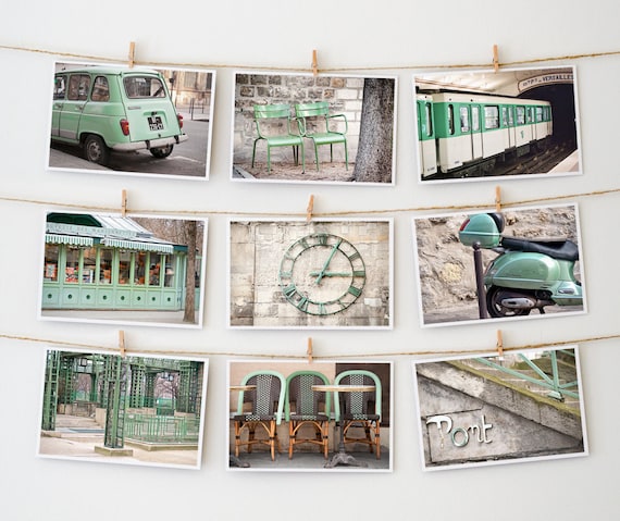 Paris Postcard Set, Framable Photo Cards, Green, Paris Photography, 4x6 Art Prints