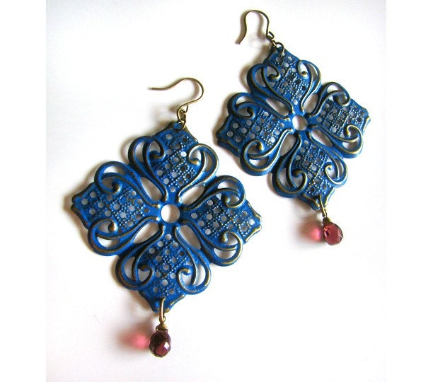 Gorgeous Lotus Filigree Earrings in Antique Bronze with Sapphire Patina and Faceted Amethyst Briolette Drop