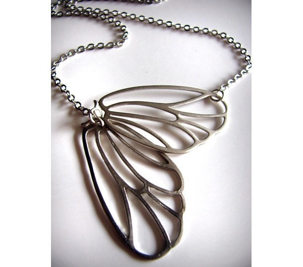 Fluttering Hinged Moth Wings Necklace in Matte Silver also available in Matte Gold
