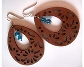 Hazelnut Carved Teardrop Wood Earrings with Double Bicone Aqua Drops