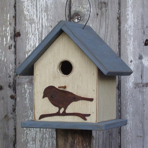 Folk Art Birdhouse Rusty Bird Chickadee Liberty Blue Functional Decorative Birdhouse