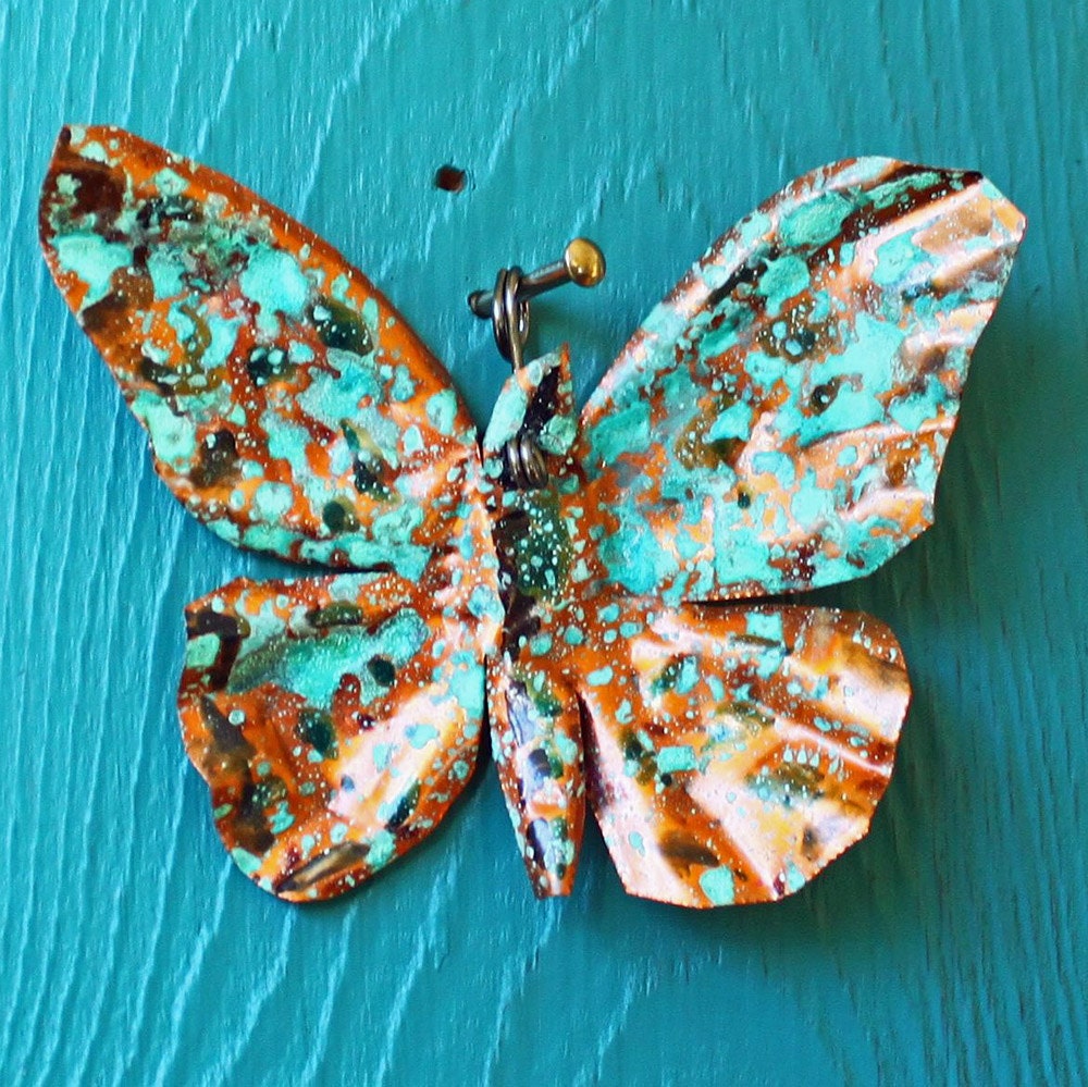 Copper Butterfly Ornament or Pendant - with black accents and turquoise blue-green patina - OOAK