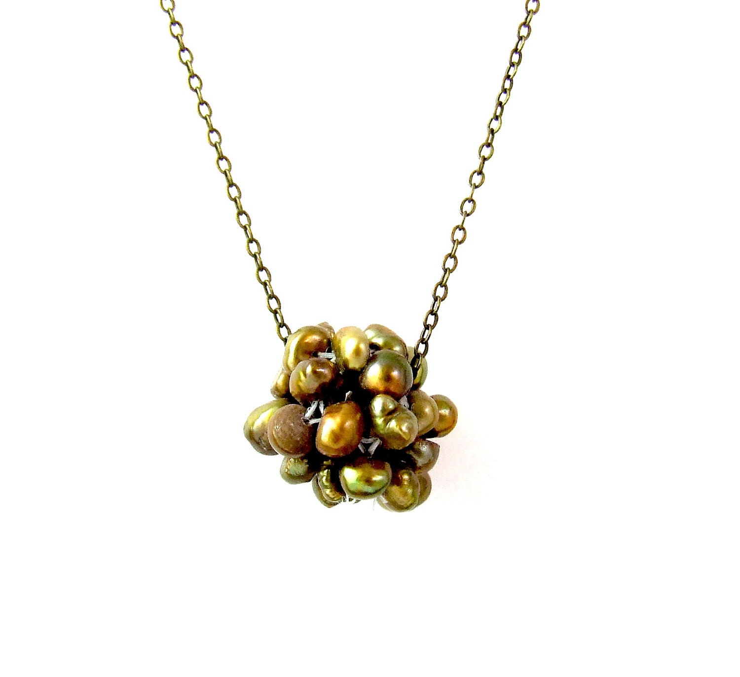 Brown and Brass Pearl Cluster Necklace
