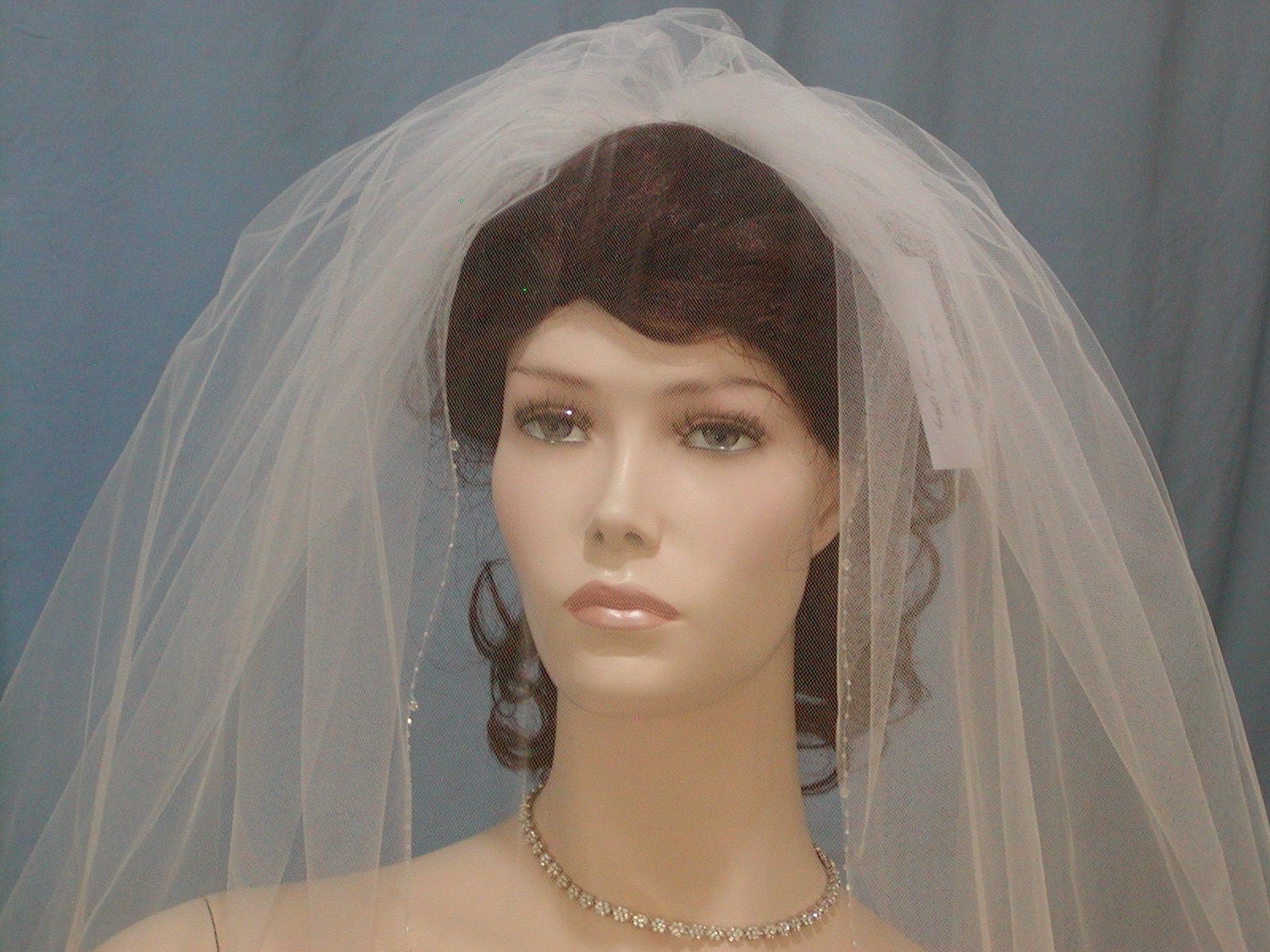 Metallic Silver Beaded Edge WHITE Wedding Bridal Veil Elbow length edged with Swarovski Crystals and SILVER Bugle Beads Veils
