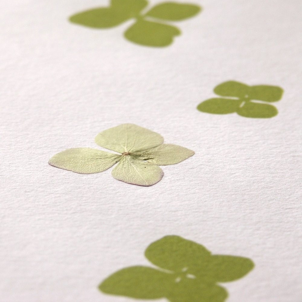 Hydrangea pressed flower - Letterpress Wedding Invitation - grass green on white