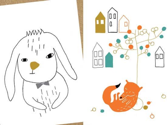 Postcard set - bunny bow tie and sleeping fox