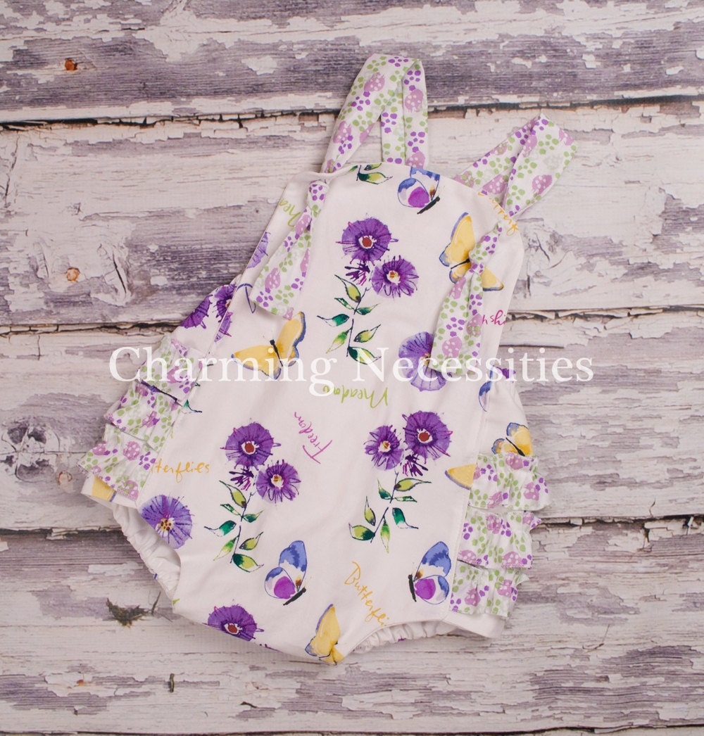 Baby Girl Sunsuit Bubble Romper with Ruffles - Butterflies and Sunshine