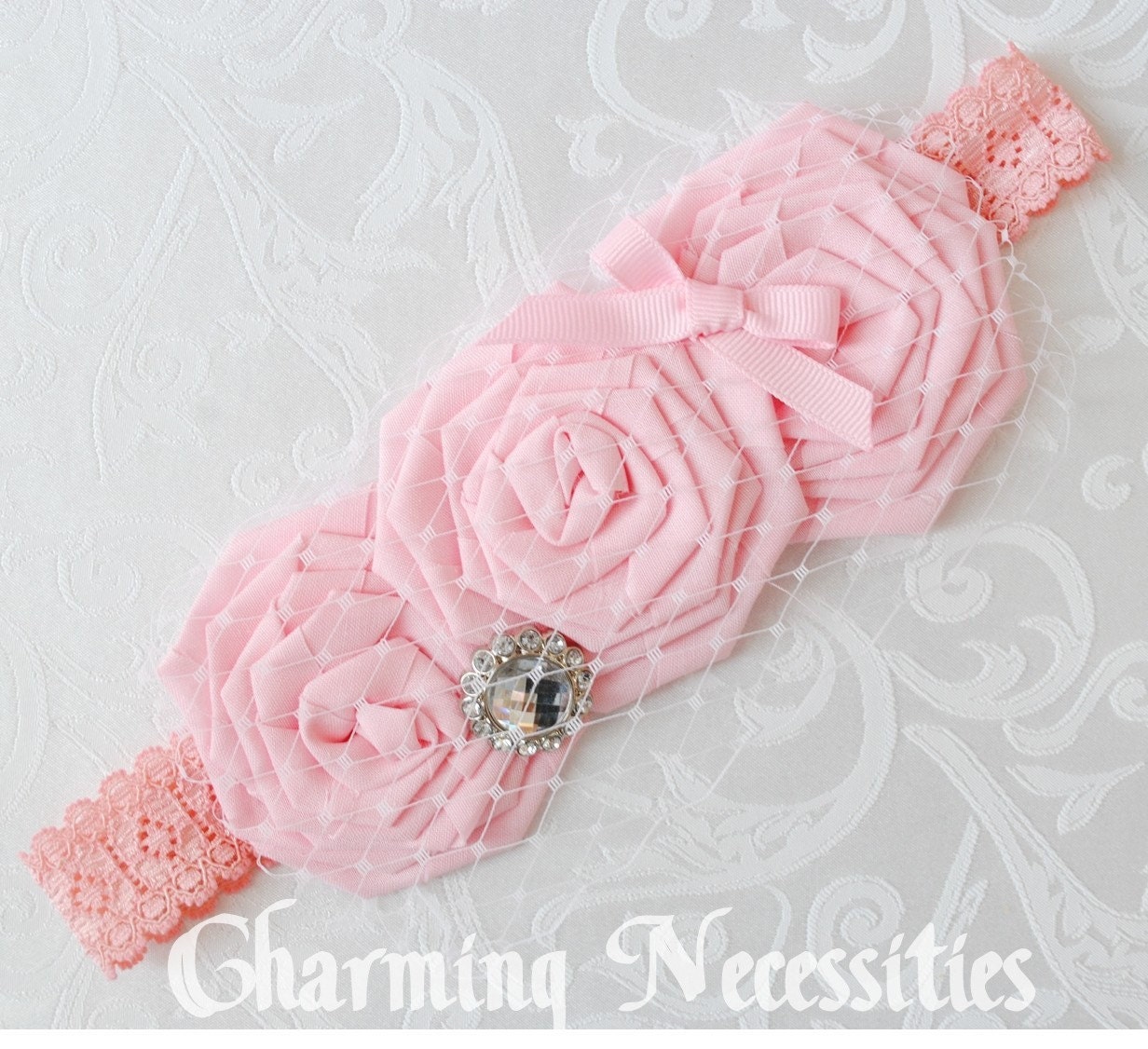 The Duchess Juliet Rosette Flower Fascinator Headband in Baby Pink with Birdcage Veiling and Rhinestone Cluster  Lace Headband