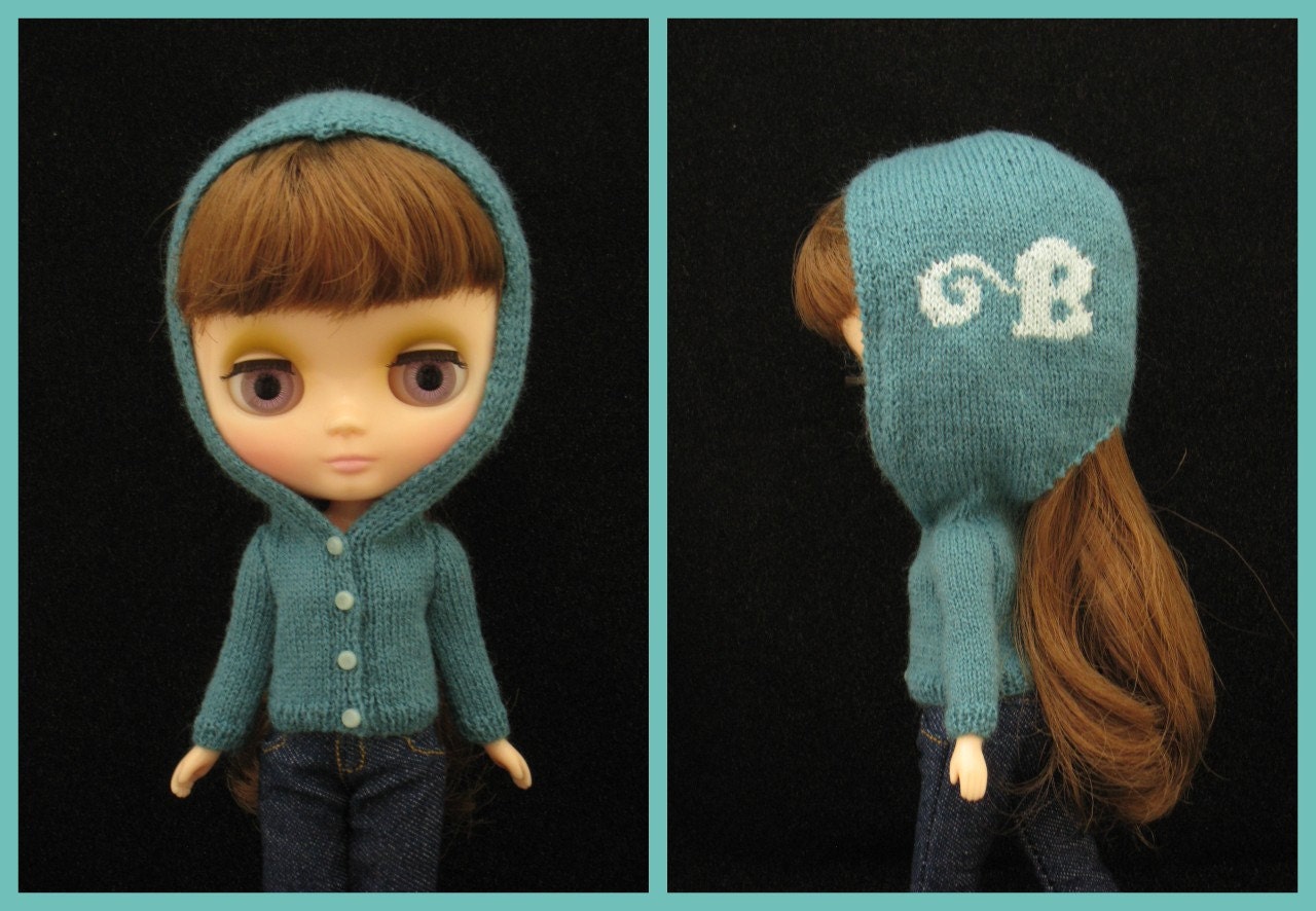 B for Blythe hooded cardigan for Middie. Teal