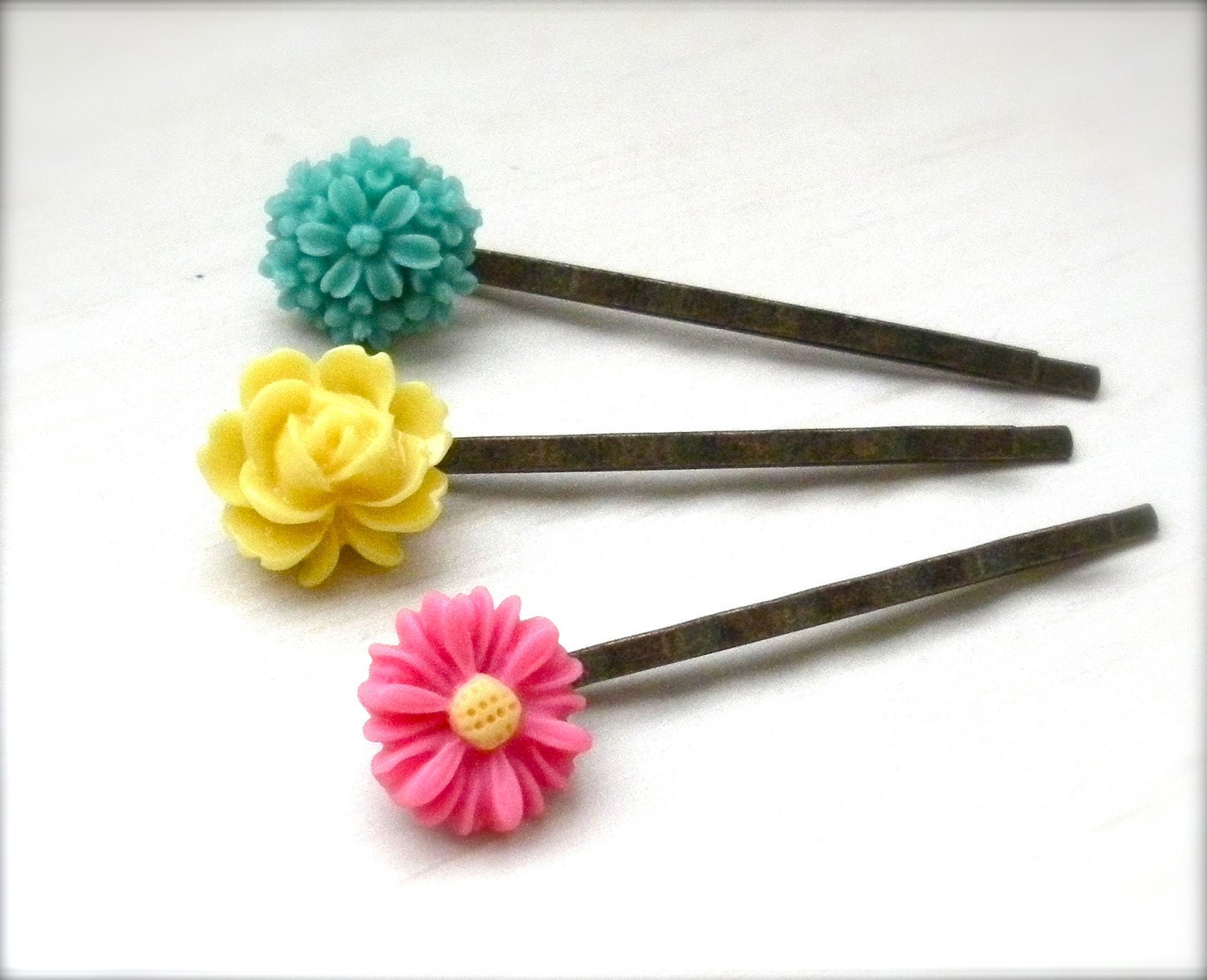 Summer Passion Set of Three Resin Cabochon Flower Bobby Pins