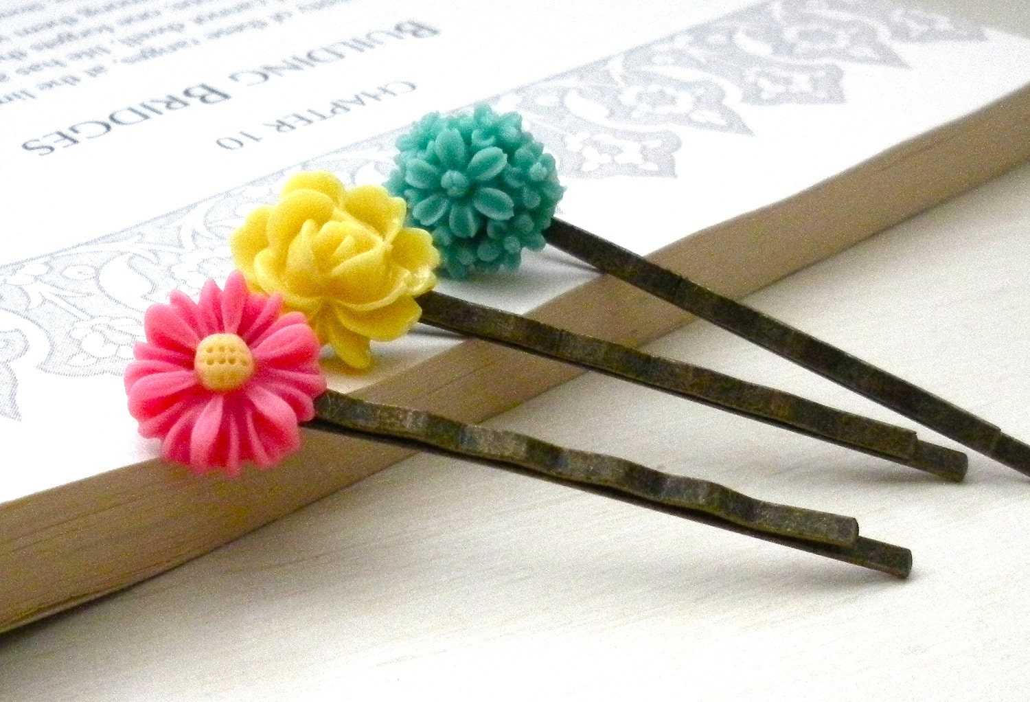 Summer Passion Set of Three Resin Cabochon Flower Bobby Pins