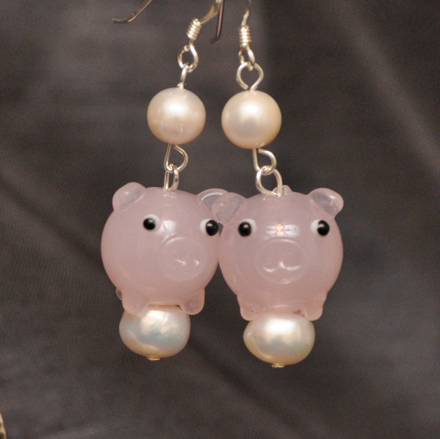 Lamp work glass Piggies with pearls earrings
