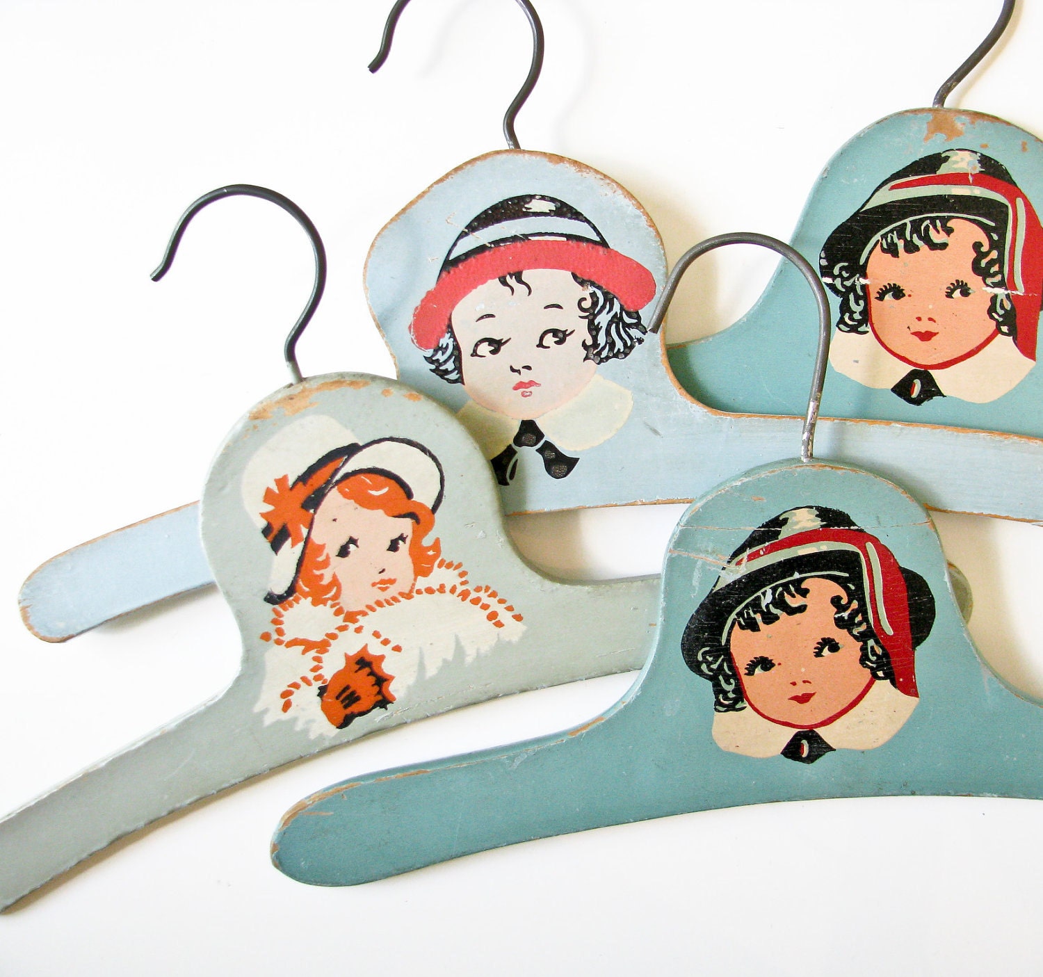 4 Vintage Child Hangers - Shades of Blue-Green - Children Faces