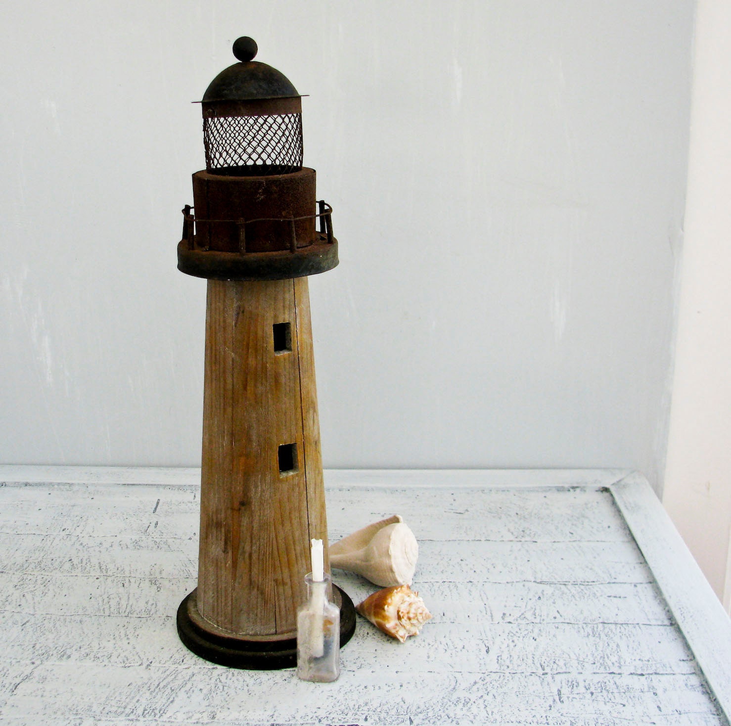 Vintage Rusty Metal and Weathered Wood Lighthouse