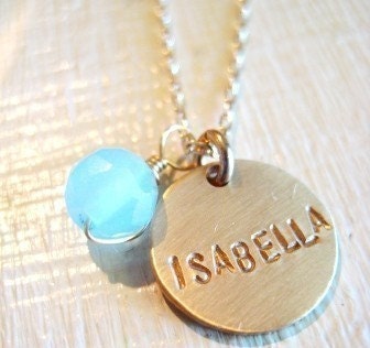 Single Gold Name with Aqua Chalcedony Bead