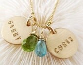 Custom Gold Names Necklace on a Satellite chain-"TWO PRETTY" - Two Discs with Two Gemstones