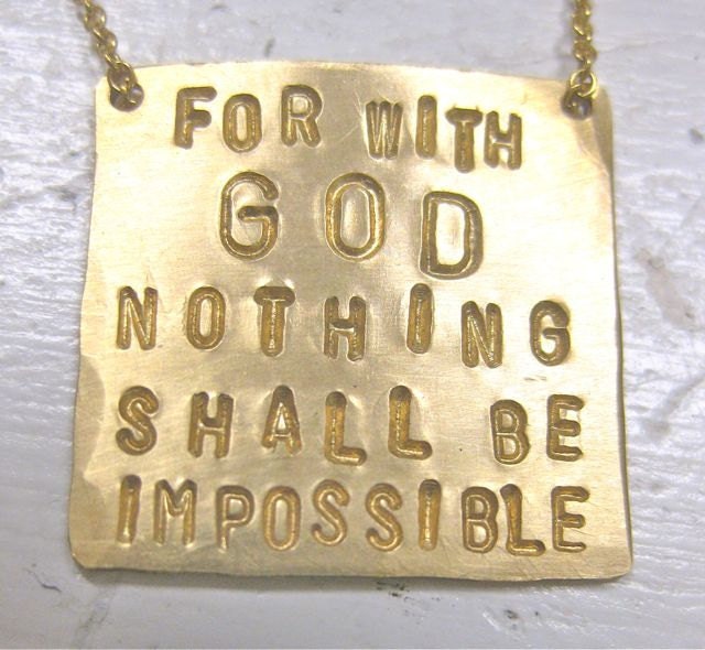 Inspirational Jewelry - Square Pendant Scripture Necklace in Gold - For with God nothing shall be impossible
