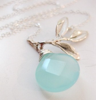 Silver Leaf Necklace - "A Simple Life with Aqua Chalcedony Briolette"