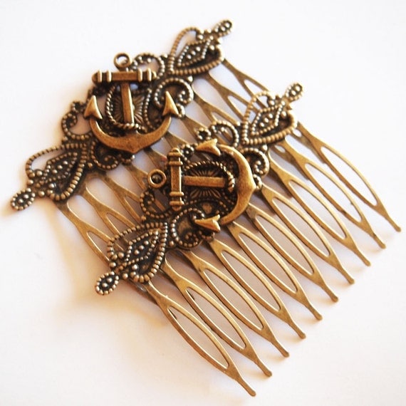 Anchor Antique Brass Hair Combs Nautical Rockabilly Regency Simple Chic Boat Trendy Bronze Navy Sailor