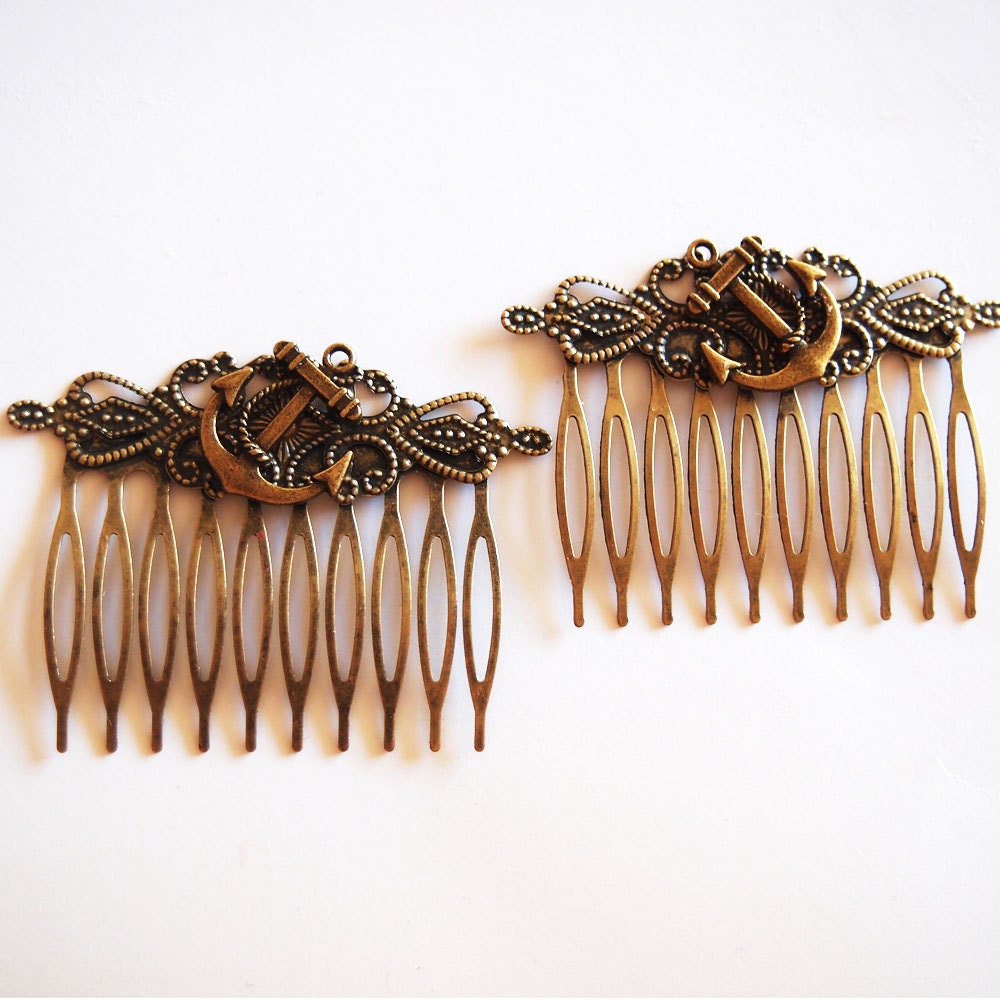 Anchor Antique Brass Hair Combs Nautical Rockabilly Regency Simple Chic Boat Trendy Bronze Navy Sailor
