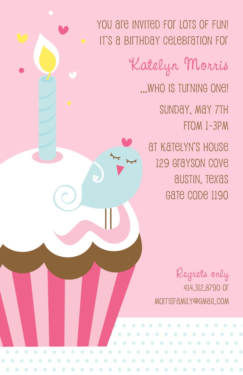 Sweet Wishes 20 Girls 1st BIrd on a Cupcake Birthday Party Invitations - Custom Quantities (As Low as 1.19 Each)