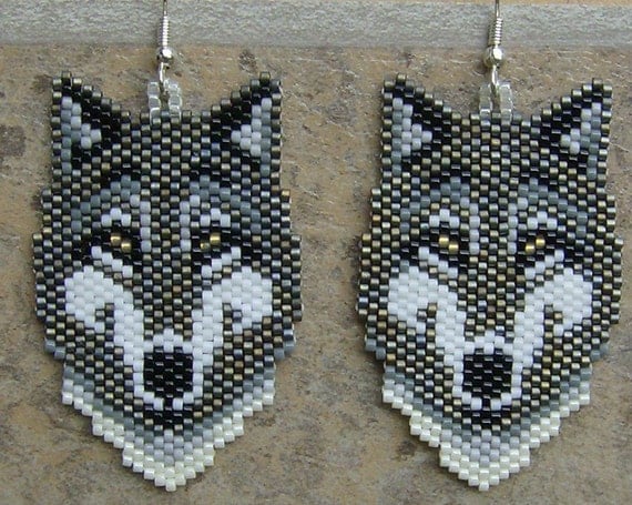 Grey Wolf Earrings Hand Made Seed Beaded By Wolflady On Etsy 3998