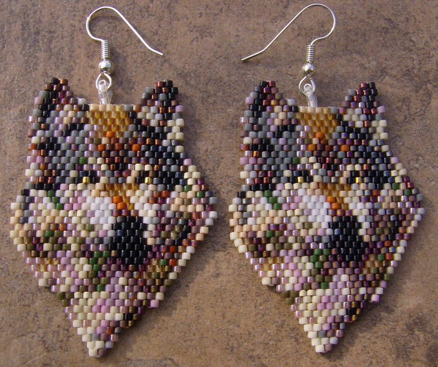 Wolf Of Many Colors Earrings Hand Made Seed Beaded