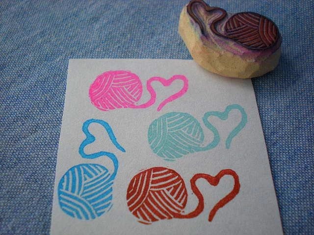 mini ball of yarn stamp, hand carved rubber stamp, handmade rubber stamp