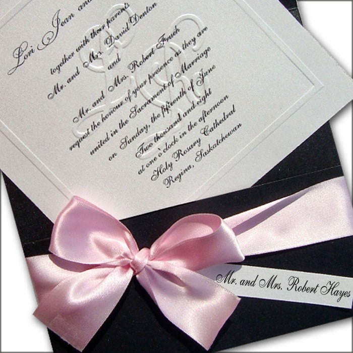 100 Customized Blind Embossed Monogram and Organza Bow Wedding Invitations. Fully Addressed, Black and Pink.