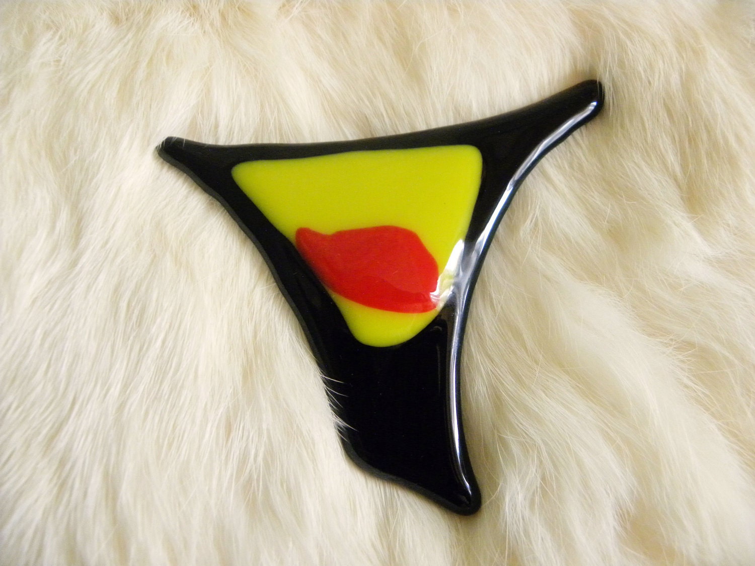 Handcrafted Pin Signed Art Glass Red Yellow Black Brooch Vintage, Shipping Included