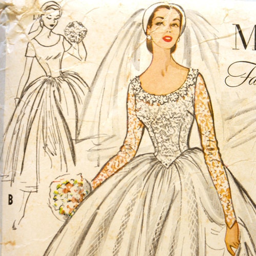 McCall's 9677 Misses 1950s Wedding Dress Pattern Bust 30 Basque Waist Full Skirt w/ Train Bridal Gown Long Sleeve Vintage Sewing Pattern