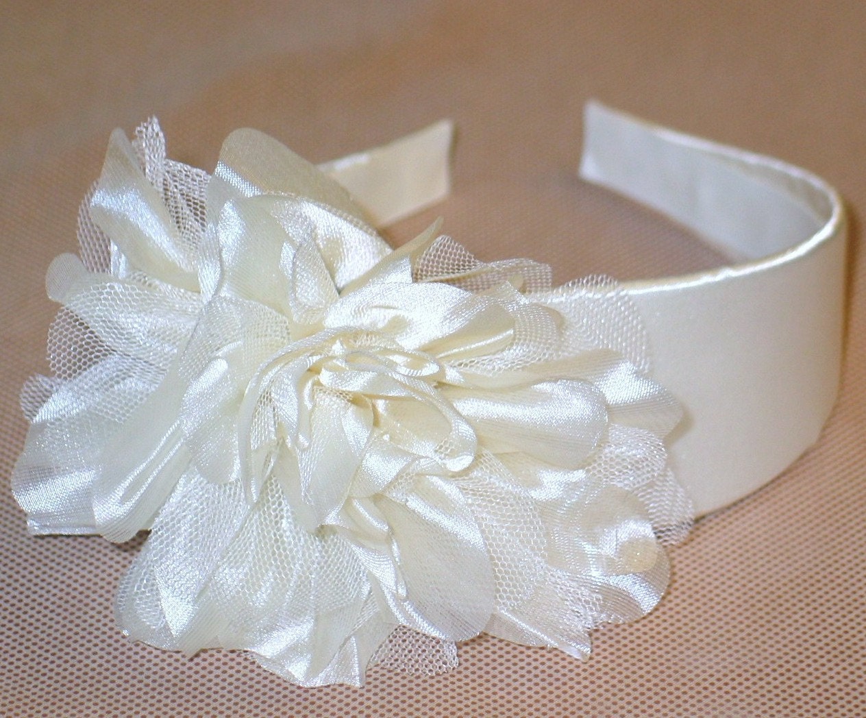 SALE - Bridal Headband - Ivory Satin with Flower, great for Brides, Bridesmaids, Weddings