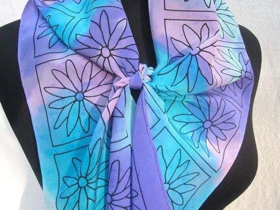 Aquamarine & Lilac Hand Painted Silk Daisy Crepe Scarf - Ready to Ship