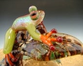 Dichroic Frog on a Tree Branch Sculpture Paperweight Lampwork Boro (Made to Order)
