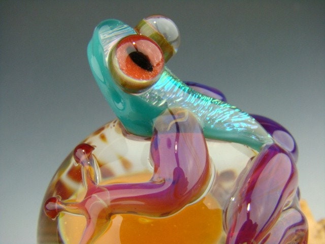 Dichroic Glass Frog Mushroom Toadstool Paperweight Figurine Toad Marble KT aqua Purple (made to order)